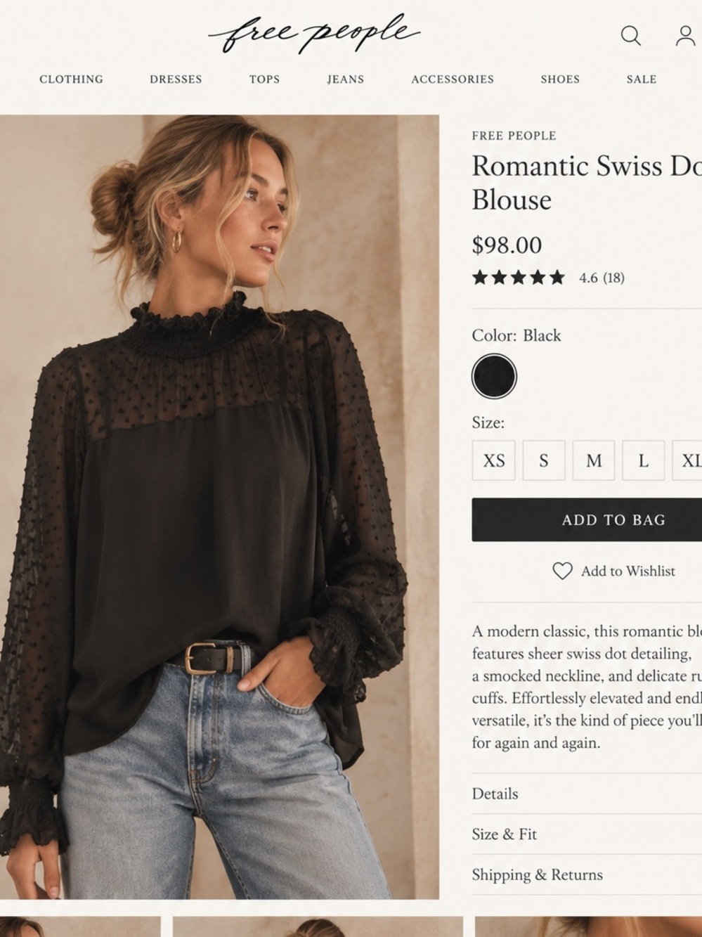 Free People Black Romantic Swiss Dot Sheer Blouse